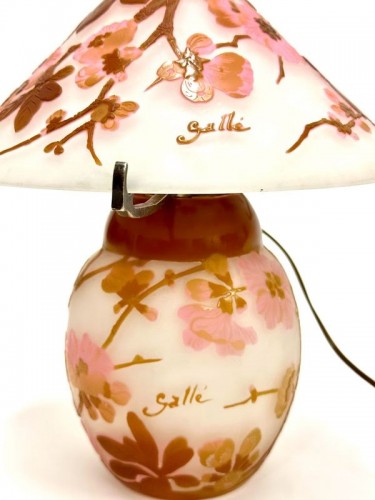 Antiquités - Emile Gallé - Lampe Champignon Art Nouveau " Fleurs de Pommiers"