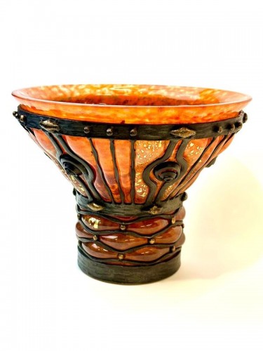 Daum Majorelle - Vase Verre de Jade à monture métallique - Verrerie, Cristallerie Style Art Déco