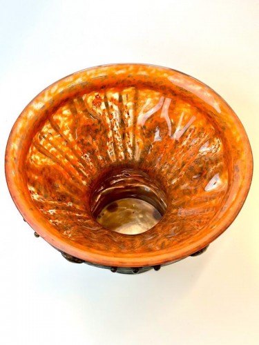 Daum Majorelle - Vase Verre de Jade à monture métallique - Antiquités Art Nouveau