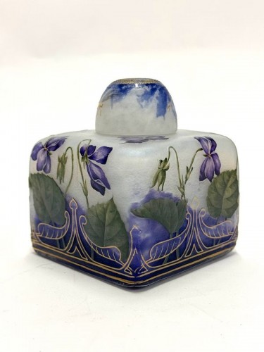 Daum Nancy - &quot;Violets and Dragonflies&quot; Art Nouveau inkwell - 