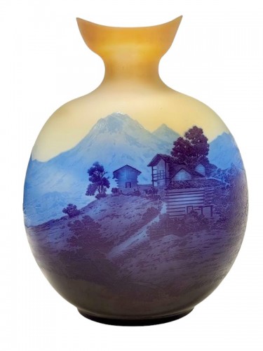 Emile Gallé - Monumental vase Art nouveau Paysage Alpin - Verrerie, Cristallerie Style Art nouveau
