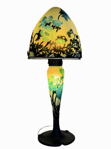 Muller Frères Lunéville - Importante lampe champignon "Anémones bleues" - Luminaires Style Art Déco