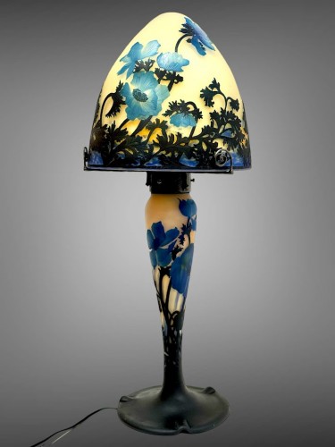 Luminaires Lampe - Muller Frères Lunéville - Importante lampe champignon "Anémones bleues"