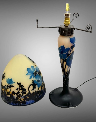 Art Déco - Muller Frères Lunéville - Importante lampe champignon "Anémones bleues"