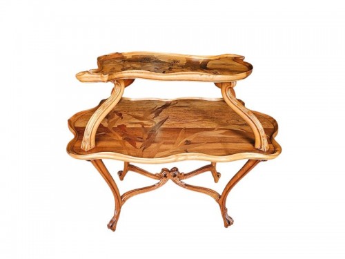 Emile Gallé - Table à thé Art nouveau "Paysage lacustre aux Iris" - Mobilier Style Art nouveau
