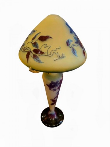 Antiquités - Emile Gallé-  Lampe champignon Art nouveau "Clématites bleues"