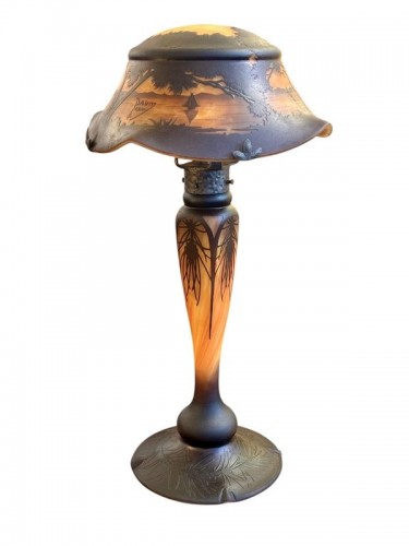 Antiquités - Daum Nancy - Lampe Champignon Art nouveau "Paysage Marin"