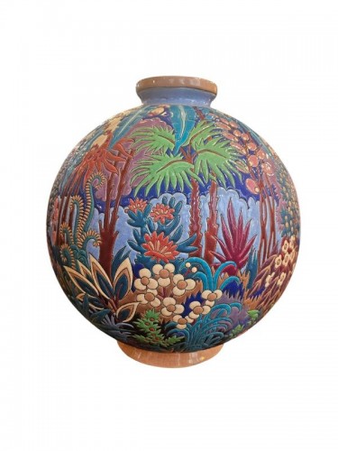 Longwy -Vase Boule "Coloniale" - Céramiques, Porcelaines Style Art Déco