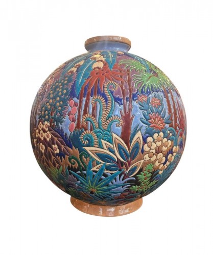 Céramiques, Porcelaines  - Longwy -Vase Boule "Coloniale"
