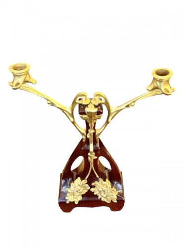 Horlogerie Pendule - Ensemble pendule et bougeoirs Art nouveau "Chrysanthèmes"