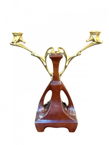 Ensemble pendule et bougeoirs Art nouveau "Chrysanthèmes" - Antiquités Art Nouveau