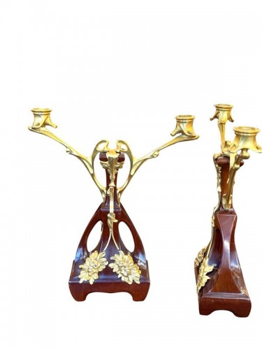 Ensemble pendule et bougeoirs Art nouveau "Chrysanthèmes" - Art nouveau