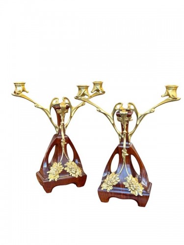 Art nouveau - Ensemble pendule et bougeoirs Art nouveau "Chrysanthèmes"