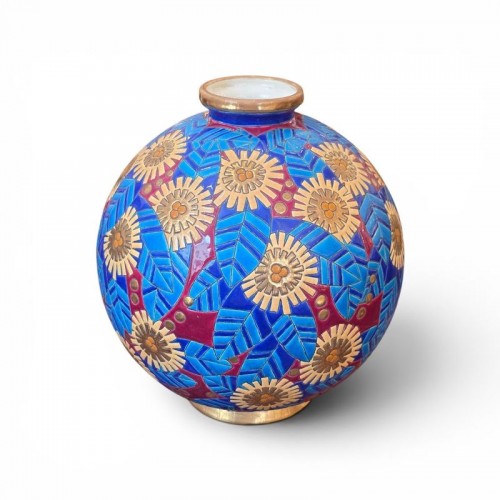 Longwy - Vase boule coloniale "Fleurs Stylisées" - Céramiques, Porcelaines Style Art Déco