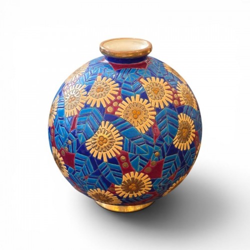 Céramiques, Porcelaines  - Longwy - Vase boule coloniale "Fleurs Stylisées"