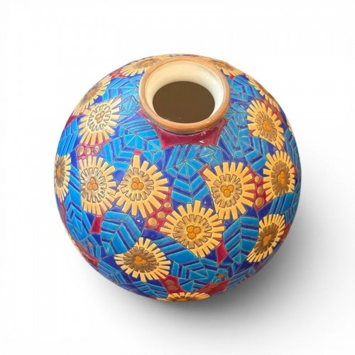 Longwy - Vase boule coloniale "Fleurs Stylisées" - Antiquités Art Nouveau