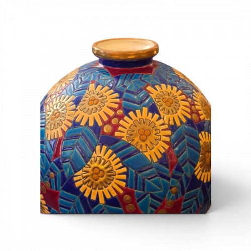 XXe siècle - Longwy - Vase boule coloniale "Fleurs Stylisées"