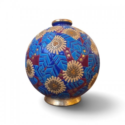 Antiquités - Longwy - Vase boule coloniale "Fleurs Stylisées"