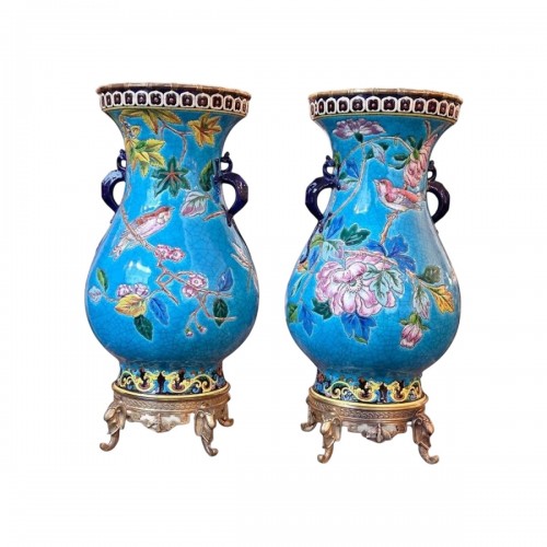 Longwy Grande - Paire de vases montés sur bronze "Oiseaux Branchés"