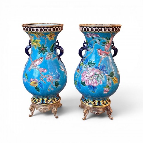 Longwy Grande - Paire de vases montés sur bronze "Oiseaux Branchés" - Céramiques, Porcelaines Style Napoléon III