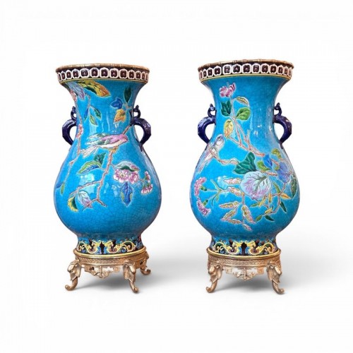 Longwy Grande - Paire de vases montés sur bronze "Oiseaux Branchés" - Antiquités Art Nouveau