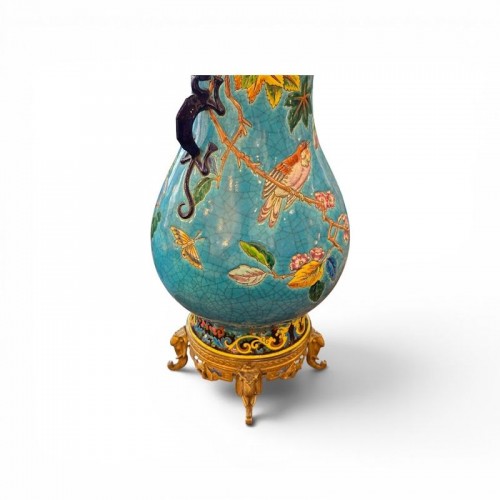 Napoléon III - Longwy Grande - Paire de vases montés sur bronze "Oiseaux Branchés"