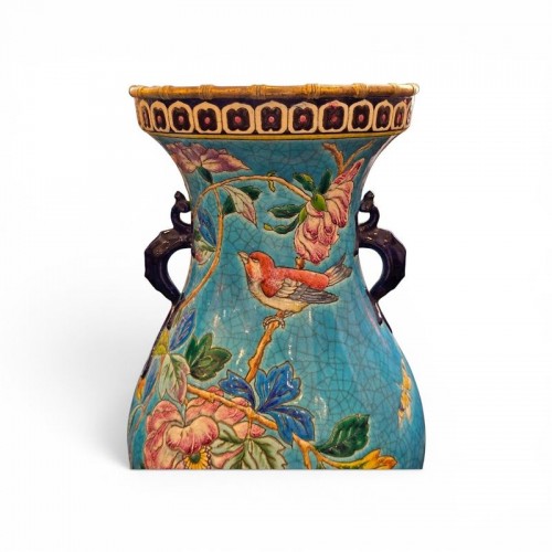Antiquités - Longwy Grande - Paire de vases montés sur bronze "Oiseaux Branchés"