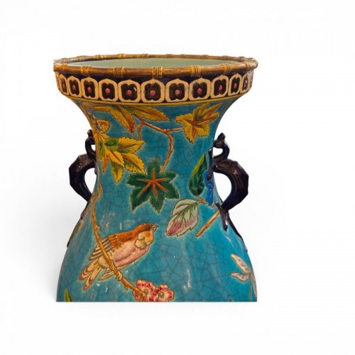 Antiquités - Longwy Grande - Paire de vases montés sur bronze "Oiseaux Branchés"