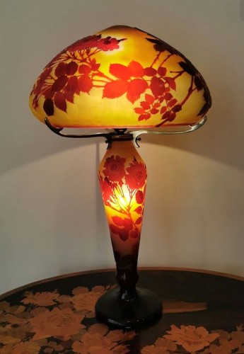 Antiquités - Emile Gallé - Lampe champignon aux roses