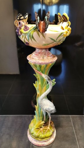 Céramiques, Porcelaines  - Delphin Massier (1836 - 1907) - Grande Colonne " Heron et Papillons"