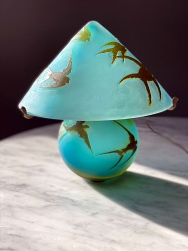 Emile Gallé - Lampe champignon Art Nouveau "Aux hirondelles" - Luminaires Style Art nouveau