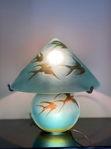 Luminaires Lampe - Emile Gallé - Lampe champignon Art Nouveau "Aux hirondelles"