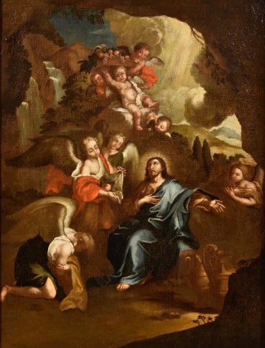 Le Christ entouré d'anges dans le désert, école italienne du 17e siècle - Antichità Castelbarco