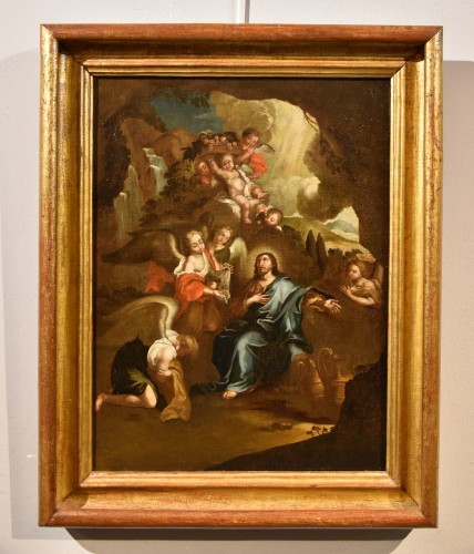 Antiquités - Le Christ entouré d'anges dans le désert, école italienne du 17e siècle