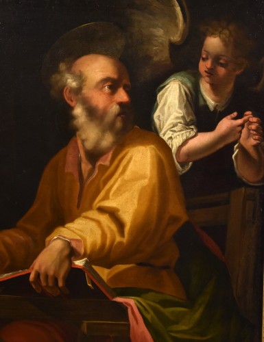 Saint Matthieu et l'ange, Peintre actif en Lombardie, à Milan, au XVIIe siècle - Antichità Castelbarco