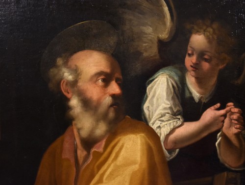 Antiquités - Saint Matthieu et l'ange, Peintre actif en Lombardie, à Milan, au XVIIe siècle