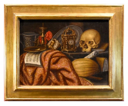 Vanitas au tapis, horloge, partition et crâne, école italienne du 17e siècle