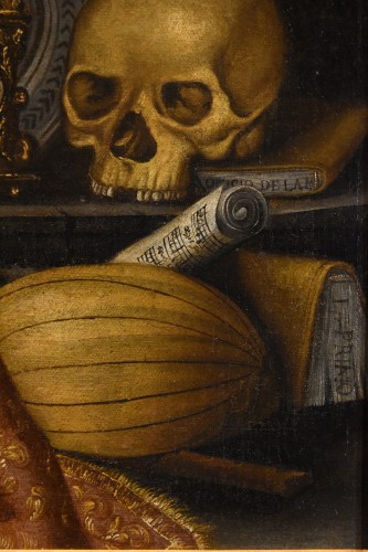 XVIIe siècle - Vanitas au tapis, horloge, partition et crâne, école italienne du 17e siècle