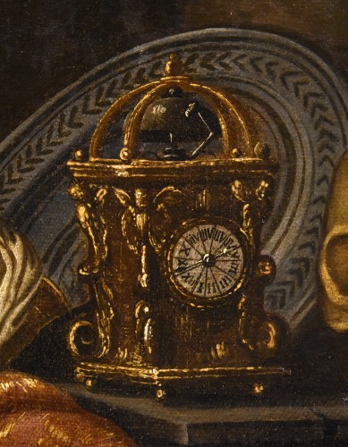 Vanitas au tapis, horloge, partition et crâne, école italienne du 17e siècle - Louis XIII