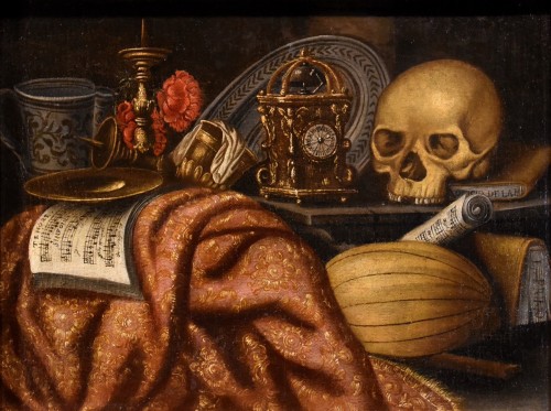 Louis XIII - Vanitas au tapis, horloge, partition et crâne, école italienne du 17e siècle