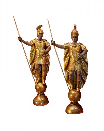 Paire de soldats romains en bois doré - Rome XVIIIe siècle