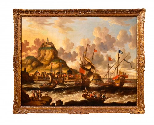 Vue côtière avec navires et château, Peter Van Der Velde (1634 - 1714) Monogrammé