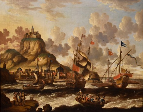 Vue côtière avec navires et château, Peter Van Der Velde (1634 - 1714) Monogrammé - Tableaux et dessins Style Louis XIV
