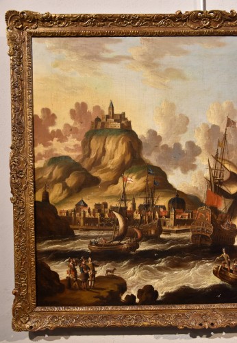 Tableaux et dessins Tableaux XVIIe siècle - Vue côtière avec navires et château, Peter Van Der Velde (1634 - 1714) Monogrammé