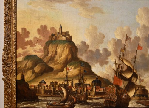 Vue côtière avec navires et château, Peter Van Der Velde (1634 - 1714) Monogrammé - Louis XIV