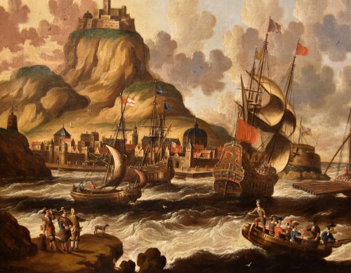 Louis XIV - Vue côtière avec navires et château, Peter Van Der Velde (1634 - 1714) Monogrammé