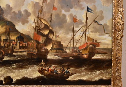 Antiquités - Vue côtière avec navires et château, Peter Van Der Velde (1634 - 1714) Monogrammé