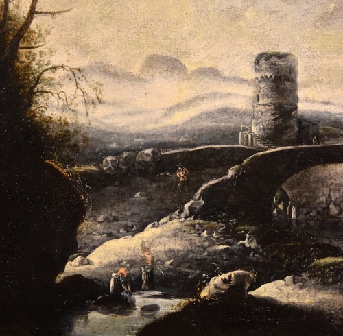 Tableaux et dessins Tableaux XVIIe siècle - Paysage d'hiver fantastique avec pont et tour, Hans De Jode (la 1630 - 1663)