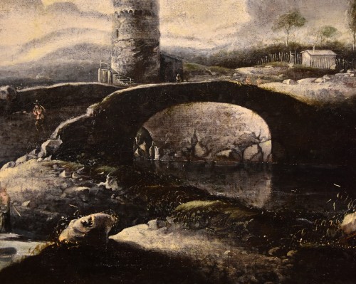 XVIIe siècle - Paysage d'hiver fantastique avec pont et tour, Hans De Jode (la 1630 - 1663)