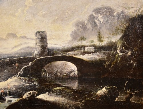 Antiquités - Paysage d'hiver fantastique avec pont et tour, Hans De Jode (la 1630 - 1663)